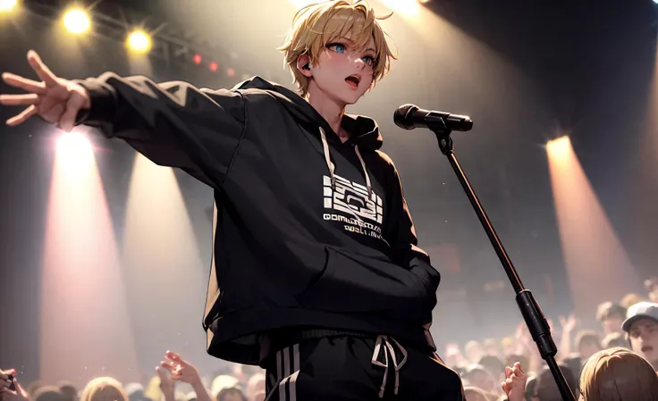 (best quality:1.1), (masterpiece:1.2), (1boy:1.2), (solo), (mature male), rapper, (baggy clothes:1.4), short hair, singing, hoodie, baggy pants, concert, crowd, on stage, intense spotlight, blonde, blue eyes, (detailed eyes:1.2),