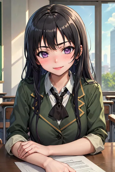 (best quality:1.1), (masterpiece:1.4), (absurdres:1.0), portrait,
1girl, mikazuki yozora, small breasts, long hair, black hair, purple eyes, school uniform, looking at viewer, classroom, (blush:1.2), smile, green jacket,
<lora:Kizuki - Haganai - Mikazuki Yozora:0.95>