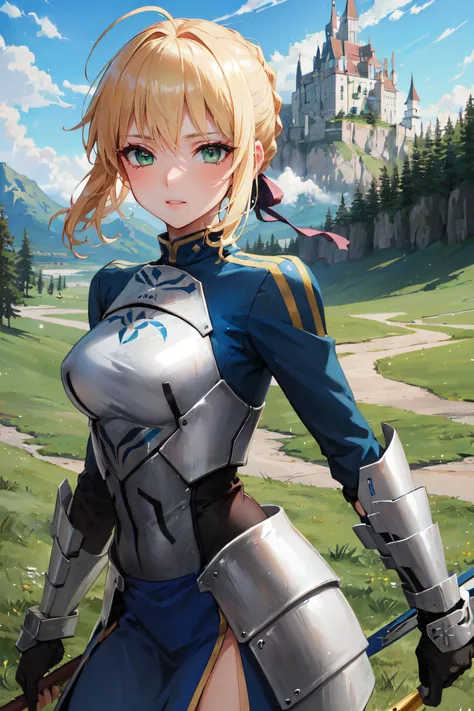 (masterpiece, best quality, ultra detailed, absurdres:1.5), 1girl, (sexy, beautiful woman, perfect face, perfect eyes, perfect female body, medium breasts:1.5), (saberdef, blonde hair, ahoge, braid, hair ribbon, armored dress, ribbon, gauntlets, <lora:fate_artoriapendragon:0.8>), (standing, outdoors, grasslands, mountains in background, castle in background), perfect lighting, smooth, hdr