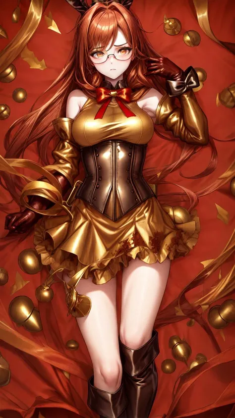 best quality, absurdres, masterpiece, <lora:genshin_pony_v3:1>,Amber, full body portrait, Amber: A young, athletic woman with a medium height, golden eyes, long straight auburn hair, medium tits, red hooded t-shirt with corset sash, brown leather shorts, thigh-high boots with gold decorations, ribbon headband with large bows similar to rabbit ears, gloves, glasses that are on his head <lora:add_detail:1>, easynegative