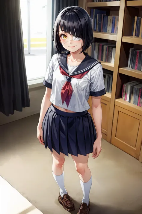 (masterpiece, best quality), (absurdres:1.3), (photorealistic:1.4),( full body:1.4), cinematic lighting, (ultra detailed, ultra realistic, hyper realistic, 8K, ultra highres:1.2) dynamic pose, dynamic angle, bokeh, sharp focus, depth of field, <lora:add_detail:0.5>, (high detailed skin, detailed skin texture:1.2), lips, (slim, fit, short girl, petite body:1.6), detailed skin texture,(goosebumps:0.3), subsurface scattering, detailed nose, long eyelashes, detailed eyes, detailed face, thick eyelashes, beautiful eyes, (flat chest:0.7),
1girl, solo, looking at viewer, smile, smug, <lora:Nakanaka2:1.0> nakanaka_omoharu, (blunt bangs:1.2), (eyepatch:1.3), serafuku, skirt, japanese school shoes, indoors, library, school,
