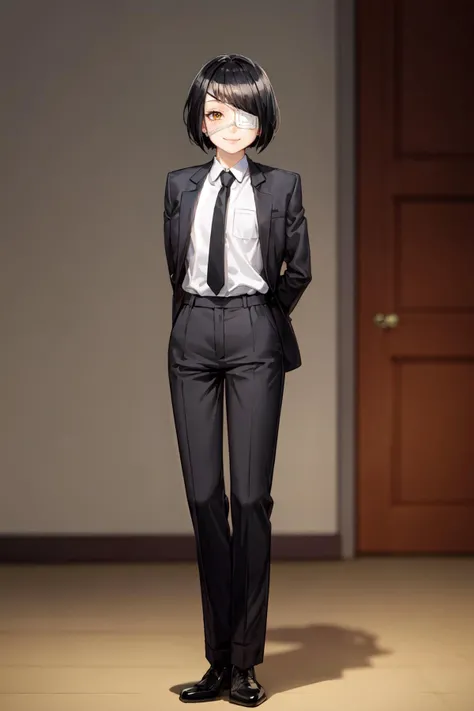 (masterpiece, best quality), (absurdres:1.3), (photorealistic:1.4), (full body:1.6), cinematic lighting, (ultra detailed, ultra realistic, hyper realistic, 8K, ultra highres:1.2),(standing straight:1.4), (arms behind back:1.6), dynamic angle, bokeh, sharp focus, depth of field, <lora:add_detail:0.5>, (high detailed skin, detailed skin texture:1.2), lips, (slim, fit, short girl, ite body:1.6), detailed skin texture,(goosebumps:0.3), subsurface scattering, detailed nose, long eyelashes, detailed eyes, detailed face, thick eyelashes, beautiful eyes, (flat chest),
1girl, solo, looking at viewer, smile, smug, <lora:Nakanaka2:1.0> nakanaka_omoharu, (blunt bangs:1.2), (eyepatch:1.3), pale skin, black suit, black necktie, white shirt, black pants, black suit jacket, black socks, black shoes, earpiece,