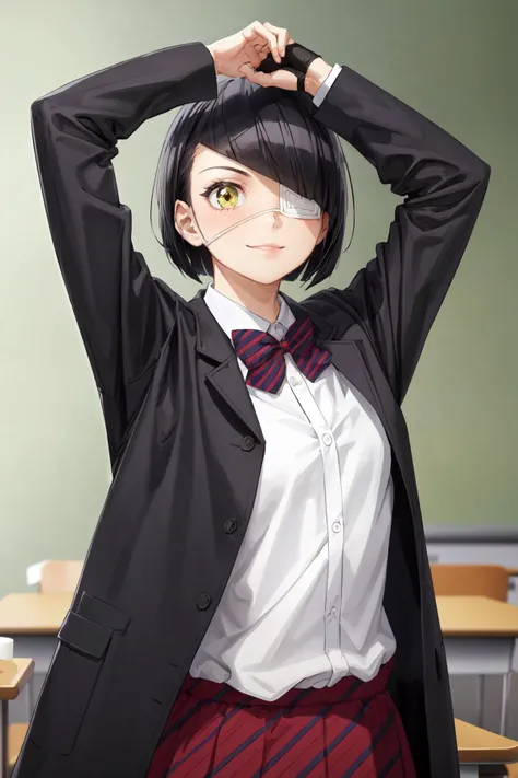 (masterpiece, best quality), (absurdres:1.3), (photorealistic:1.4), cowboy shot, cinematic lighting, (ultra detailed, ultra realistic, hyper realistic, 8K, ultra highres:1.2) dynamic pose, dynamic angle, (arms up, stretching:1.4), bokeh, sharp focus, depth of field, <lora:add_detail:0.5>, (high detailed skin, detailed skin texture:1.2), lips, (slim, fit, short girl, petite body:1.6), detailed skin texture,(goosebumps:0.3), subsurface scattering, detailed nose, long eyelashes, detailed eyes, detailed face, thick eyelashes, beautiful eyes, (flat chest:0.7),
1girl, solo, looking at viewer, smile, smug, <lora:Nakanaka2:1.0> nakanaka_omoharu, (blunt bangs:1.2), (eyepatch:1.3), (fingerless glove, black glove:1.2), school uniform, white shirt, bowtie, indoors, classroom, striped skirt, open jacket, black jacket,