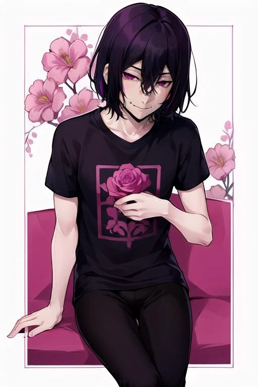 fyodor, 1boy, solo, t-shirt, sweat, black hair, leggings, magenta eyes, smirk, flowers, spot color, border, sitting, <lora:Fyodor_v9:0.85>