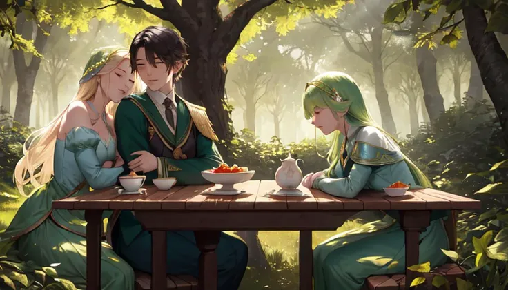 best quality, absurdres, masterpiece, background: enchanted forest, morning, sunny, soft light filtering through leaves, dewdrops on grass, birds singing, peaceful atmosphere, breakfastdesk in the front. Dirk And Mirlana laying with eachother in there arms