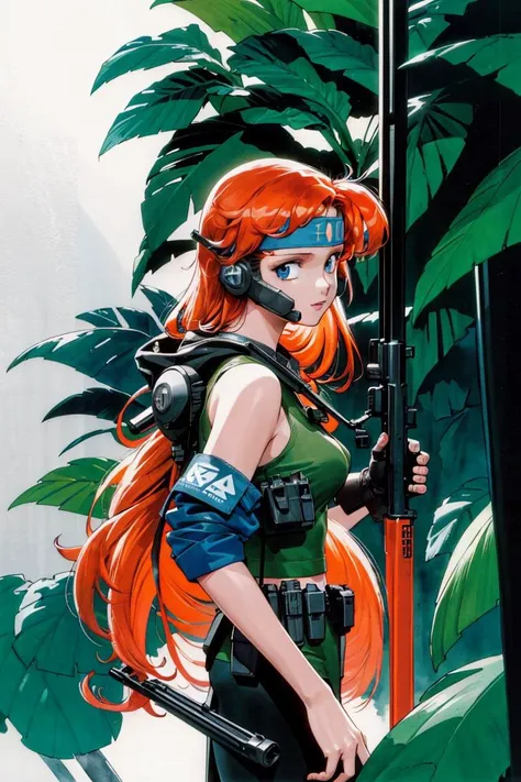 <lora:Sonoda:1>, (official art), realistic lighting, high contrast, watercolor illustration of 1girl, 19yo, slender, long orange hair, beautiful (blue) eyes, high-tech jungle recon, wearing tanktop and fatigues, high-tech headgear, in the jungle, big rifle