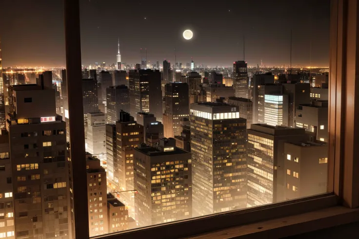 3d, city, new york, night, window lights, moon