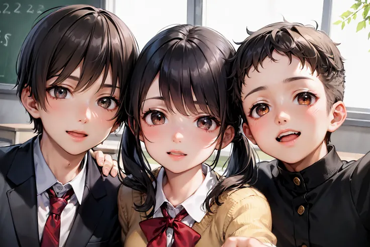 (best quality:1.1), (masterpiece:1.4), (absurdres:1.0), (cute illustration:1.2), portrait,
1girl, (1boy:1.4), selfie,(aged down:1.4), kindergarten uniform, bright smile, brown hair, pigtails, classroom, short black hair, male school uniform, (school bag:0.25),