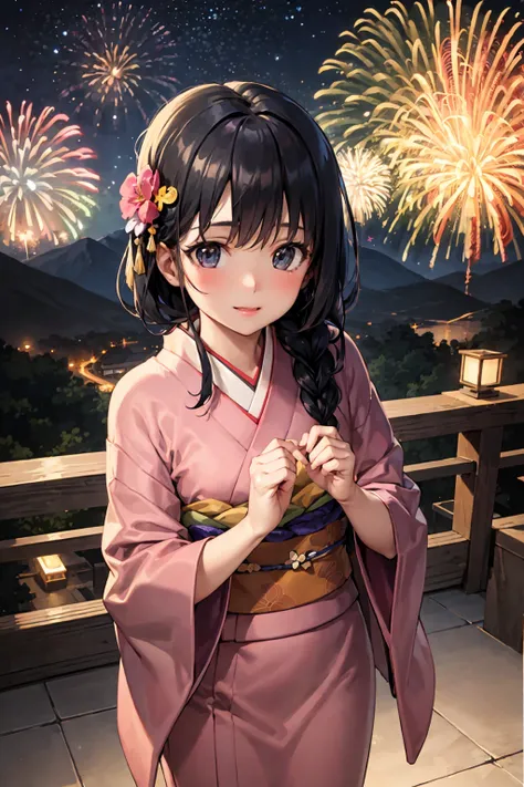 (best quality:1.2), (masterpiece:1.1), (ultra-detailed illustration:1.2), from above,1girl, solo, standing, print kimono, black hair, braided hair, (east asian architecture:0.35), fireworks, (paper lantern:0.55), night sky, city background, mountain, night sky, happy, stars, moon, soft shadow, warm illumination, reflection, hair ornament, obi,