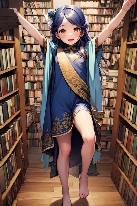 rosemyne bookworm, huge gplden eyes, (realistic:1.5), extremely detailed, hyper detailed, soft lighting, detailed background, extreme detail background, sharp details, beautiful face, symmetrical eyes,high quality, pretty eyes, perfect teeth, small nose, 1girl, Myne, Rosemyne, child, long midnight blue hair, no hat, standing, raise both hands, lift the left foot, open palm, happy, laugh, <lora:Rosemyne1:1>, detailed hands and fingers, extremely detailed realistic Library, AS-Younger, small extremely detailed realistic hands, detailed skin texture, (blush:0.5), (goosebumps:0.5), subsurface scattering
