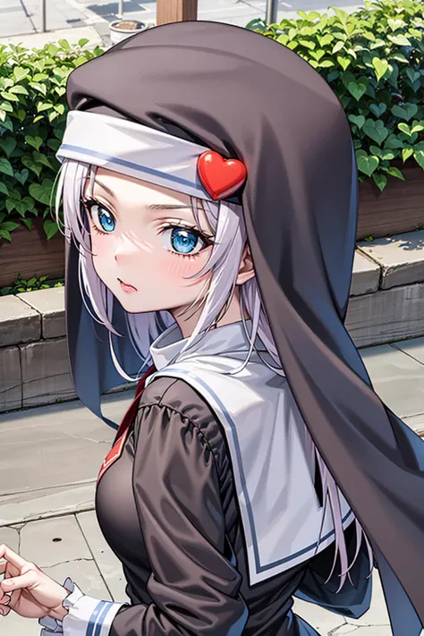 <lora:Kizuki - Haganai - Takayama Maria:0.85>, best quality, masterpiece, dynamic pose, 1girl, takayama maria, silver hair, blue eyes, long hair, nun, looking at viewer, outdoors, pouting, mad, playing outside, from above, (AS-Adult:1.2), <lora:Squeezer2:-0.5>,