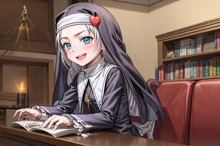 <lora:Kizuki - Haganai - Takayama Maria:0.85>, <lora:add_detail:1>, <lora:Squeezer2:1.5>, <lyco:GoodHands-beta2:1.0>, best quality, masterpiece, 1girl, flat chest, takayama maria with a book in her hands reading (couch:1.1), indoors, Happy, silver hair, extremely detailed blue eyes, extremely detailed hands and fingers, long hair, (nun:1.5), nice hands, perfect hands, cross necklace, atmospheric lighting, detailed skin texture, (blush:0.4), (goosebumps:0.3), subsurface scattering, looking at viewer, smile, extremely detailed mouth and teeth