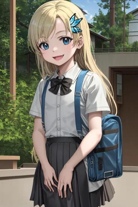 <lyco:GoodHands-beta2:1.0>, <lora:Squeezer2:1.5>, (AS-Younger:1.6), <lora:Kizuki - Haganai Kashiwazaki Sena:1>, nice hands, perfect hands, 1girl, (butterfly_hair_ornament:1.9), long messy hair, blond hair, aqua blue eyes, child, kashiwazaki sena standing in front of a Japanese school gate wearing her green school uniform, school backpack, smiling, excited, outdoors, school building in the background,