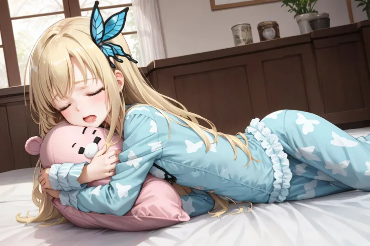 <lyco:GoodHands-beta2:1.0>, <lora:Squeezer2:0.4>, (AS-Younger:1.2), <lora:SleePeace:0.8>, <lora:Kizuki - Haganai Kashiwazaki Sena:1>, nice hands, perfect hands, 1girl, (butterfly_hair_ornament:1), long messy blond hair, aqua blue eyes, kashiwazaki sena sleeping on her back in a large bedroom on a big bed wearing butterfly print pajamas with her head on a fluffy pillow holding a stuffed toy, drool, stuffed animal, object hug, extremely detailed teddy bear, print pajamas, sleepeace, dynamic angle, dynamic pose, detailed skin texture, (blush:0.2), (goosebumps:0.3), subsurface scattering,