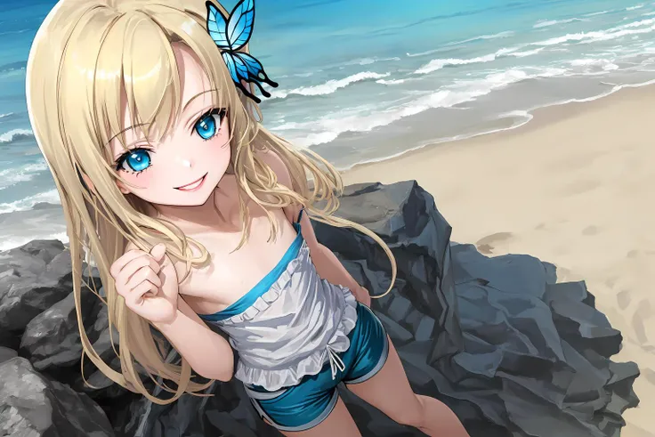 ((Best quality)), ((masterpiece)), <lyco:GoodHands-beta2:1.0>, (AS-Young:1), <lora:Kizuki - Haganai Kashiwazaki Sena:1>, nice hands, perfect hands, small breasts, (1girl:1.5), (butterfly_hair_ornament:1.2), long blond hair, aqua blue eyes, happy, smiling, kashiwazaki sena at the beach in summer playing in the sand, shorts, t-shirt sandcastle, (extremely detailed hands and fingers), dynamic pose, from above, ocean, palms, sand, rocks,  clear blue sky