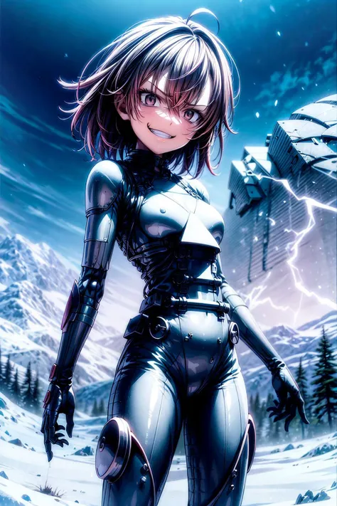1girl, (solo), <lora:Misaka_Worst_BHV11:0.7>, close up, misaka worst, angry, (smug grin:1.5), (battlesuit:1.9), brown hair, (small breasts:1.5), standing in snow, trees in the foreground, mountains in the background, tired eyes, looking at viewer, facing viewer, <lora:add_detail:1.5>, (Extremely Detailed Oil Painting:1.2), glow effects, godrays, Hand drawn, render, 8k, octane render, cinema 4d, blender, dark, atmospheric 4k ultra detailed, cinematic sensual, Sharp focus, humorous illustration, big depth of field, Masterpiece, colors, 3d octane render, 4k, concept art, trending on artstation, hyperrealistic, Vivid colors, extremely detailed CG unity 8k wallpaper, trending on ArtStation, trending on CGSociety, Intricate, High Detail, dramatic, detailed skin texture, (blush:0.5), (goosebumps:0.5), subsurface scattering, <hypernet:sxzBloom_sxzBloom:0.5>