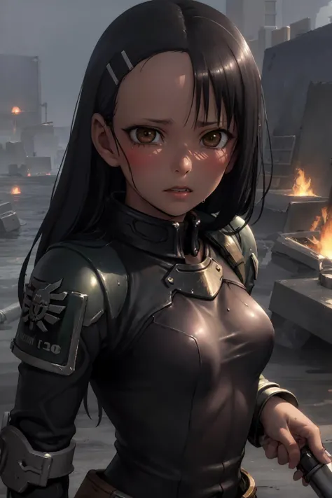 best quality, 8k, masterpiece, upper body, 1girl, solo, (warhammer 40k imperial guardsman:1.0), (nagatoro hayase:1.0), (extremly detailed brown eyes), black hair, long hair, (dark skin:1.0), hairclip, (small breasts:1.5), badass, intense facial expression, dirty, worn clothing, armor, holding bolter, determined, fires in the background, dramatic lighting, in the rain, dripping wet, <lora:warhammer 40k imperial guardsman:1>,<lora:epi_noiseoffset2:1>, <lora:WH40K:0.3>, <lora:nagatoro hayaseV2:0.9>,, detailed skin texture, (blush:0.2), (goosebumps:0.3), subsurface scattering, Photorealistic, Hyperrealistic, Hyperdetailed, analog style, hip cocked, demure, low cut, black lace, detailed skin, matte skin, soft lighting, subsurface scattering, realistic, heavy shadow, masterpiece, best quality, ultra realistic, 8k, golden ratio, Intricate, High Detail, film photography, soft focus