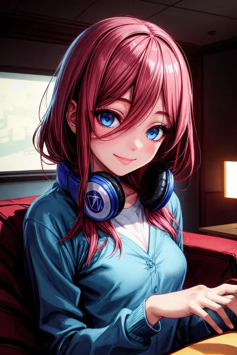 best quality, masterpiece, nice hands, perfect hands,  <lora:MikuNakano:1>, Miku, smile, small breasts, Blue Cardigan,livingroom, <lora:add_detail:1>, detailed skin texture, (blush:0.5), (goosebumps:0.5), subsurface scattering