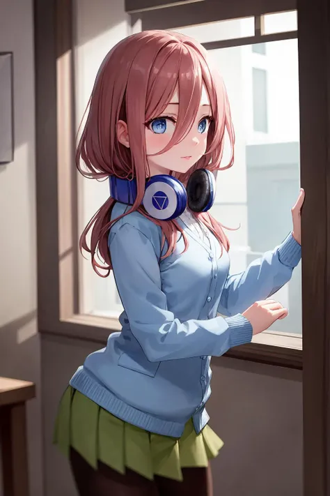 best quality, masterpiece, nice hands, perfect hands, <lora:MikuNakano:1>, Miku, small breasts, Blue Cardigan,