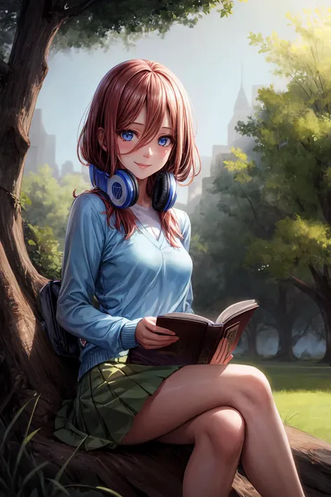best quality, masterpiece, nice hands, perfect hands,  <lora:MikuNakano:1>, Miku, smile, small breasts, Blue Cardigan, sitting under a tree, reading a book, <lora:add_detail:1>, detailed skin texture, (blush:0.5), (goosebumps:0.5), subsurface scattering