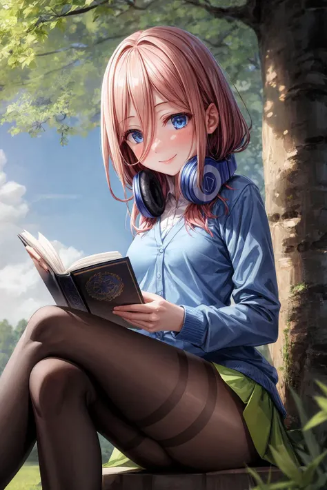 best quality, masterpiece, nice hands, perfect hands, <lora:MikuNakano:1>, Miku, smile, small breasts, Blue Cardigan, sitting under a tree, reading a book, <lora:add_detail:1>, detailed skin texture, (blush:0.5), (goosebumps:0.5), subsurface scattering