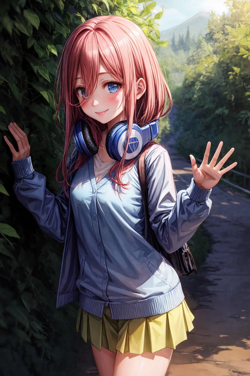 best quality, masterpiece, nice hands, perfect hands, <lora:MikuNakano:0.9>, Miku hiking, smile, small breasts, Blue Cardigan, <lora:add_detail:1>, county road,