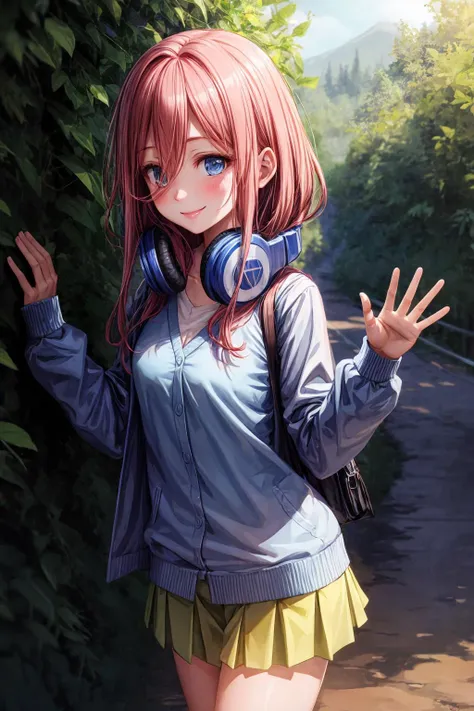 best quality, masterpiece, nice hands, perfect hands, <lora:MikuNakano:0.9>, Miku hiking, smile, small breasts, Blue Cardigan, <lora:add_detail:1>, county road,