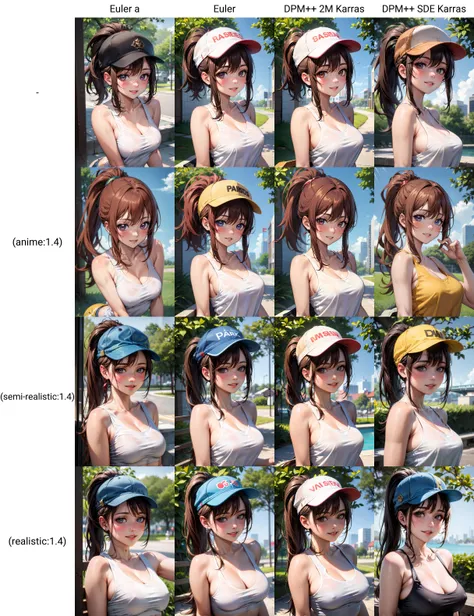 -, (best quality:1.1), (masterpiece:1.4), (absurdres:1.0), portrait, close-up,
1girl, brown hair, ponytail, medium breasts, tank top, short shorts, cap, looking at viewer, outdoors, park, smile, blush, parted lips,