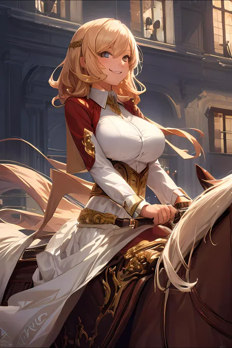 masterpiece, high quality, cinematic lighting, 1girl, solo, large breasts, smile, attractive eyes, shirt, riding horse