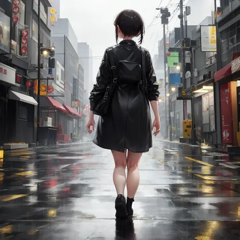 masterpiece, best quality, 1girl, walking, rain, from behind