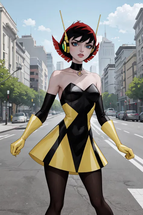 w4spmmh, short hair, blue eyes, red hair, black hair, makeup, dress, yellow gloves, black pantyhose, outdoors, masterpiece, <lora:WaspMMHByJuninholara21:0.8>