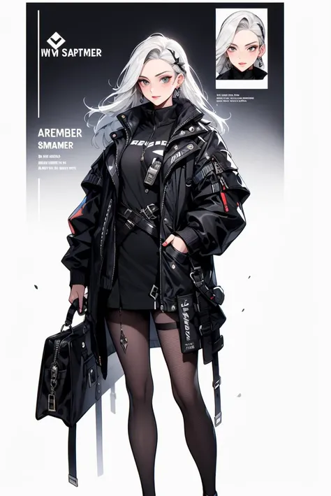 a woman with a sword and a bag in her hand, in a white background with a black and white design, August Lemmer, official art, concept art, de stijl