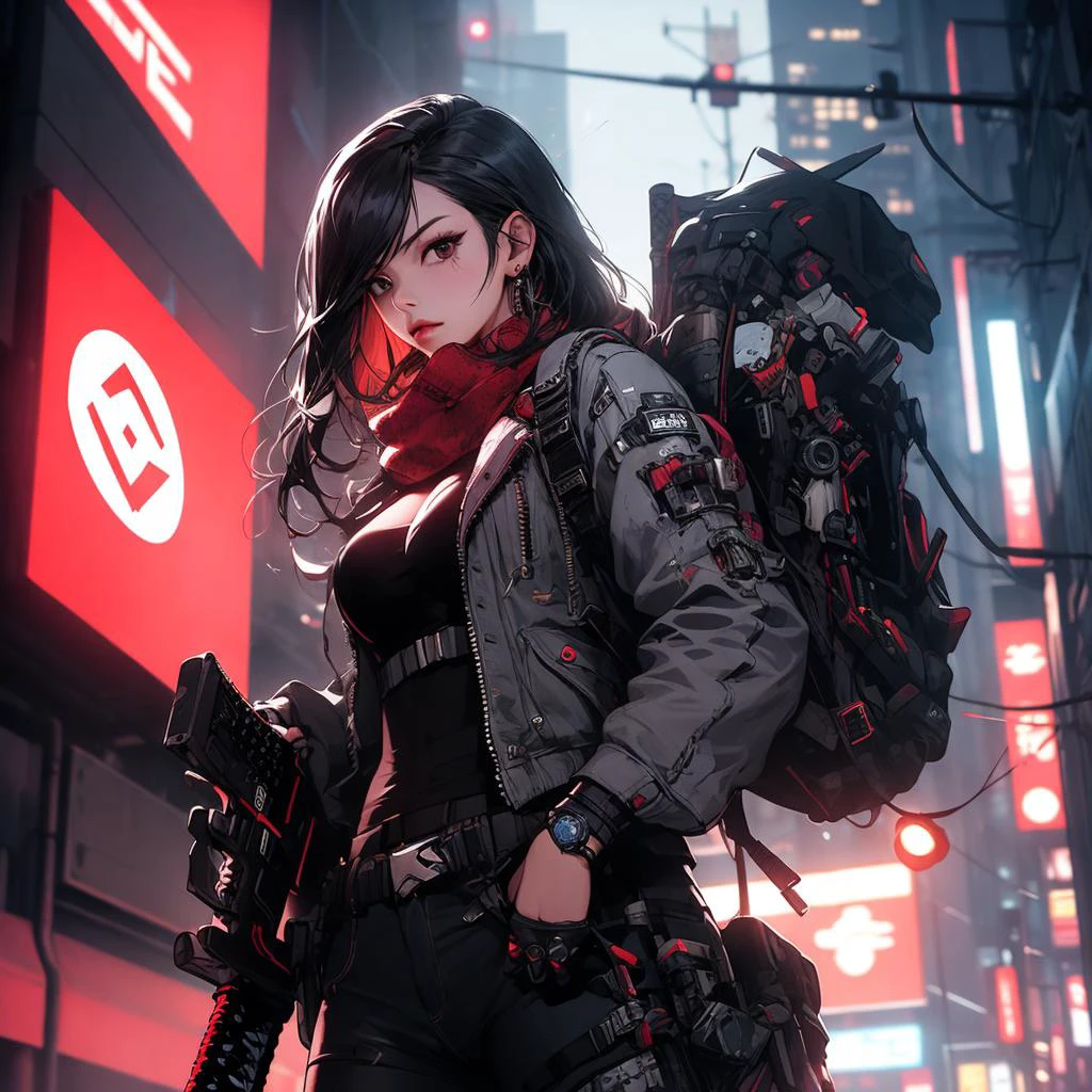 (Raw photo,realistic,photorealistic),dynamic angle,gorgeous,amazing,epic,ultra-detailed,1girl\(mecha\),(techpunkmask:1.2),slim body,kong-fu,black hair,black eyes,Chinese hairstyle,see-through,glowing body,cyberpunk,cyborg ninja,cinematic Lighting,Accent Lighting,dramatic_shadow,ray_tracing,complex clothes and patterns, fighting,(holding laser-katana:1.3),hair-bangs,red long scarf,highly real skin,outdoors, strong dynamic pose, neon lights, beautiful glowing,