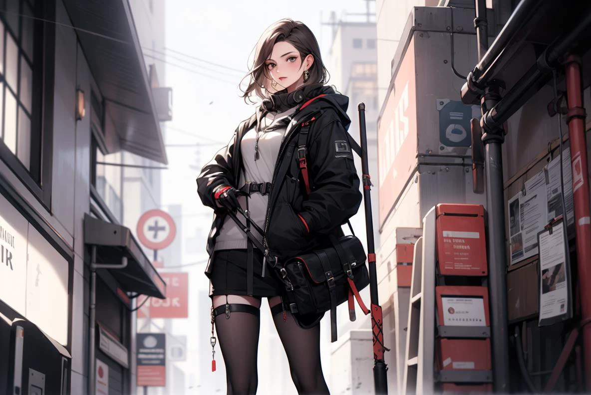 a woman with a steel long staff and a bag in her hand, in a white background with a black and white design, August Lemmer, official art, concept art, de stijl