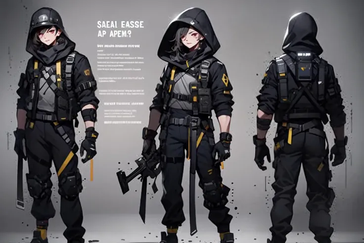 1other, ambiguous gender, gloves, helmet, hood, standing, weapon