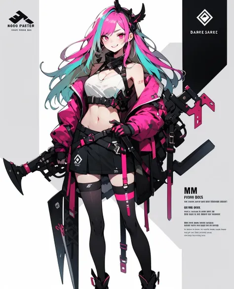 1girl, bare shoulders, boots, breasts, full body, gloves, jacket, long hair, looking at viewer, multicolored hair, navel, off shoulder, pink eyes, skirt, sleeveless, smile, solo, standing, thighhighs, weapon