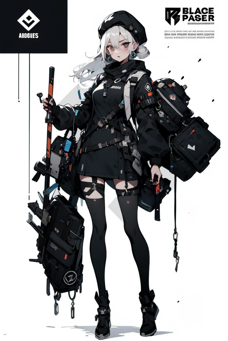 a woman with a laser long staff and a bag in her hand, in a white background with a black and white design, August Lemmer, official art, concept art, de stijl
