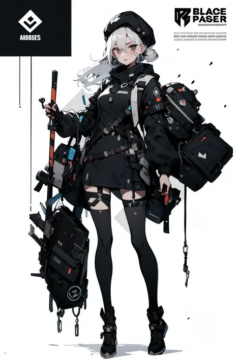 a woman with a laser long staff  and a bag in her hand, in a white background with a black and white design, August Lemmer, official art, concept art, de stijl