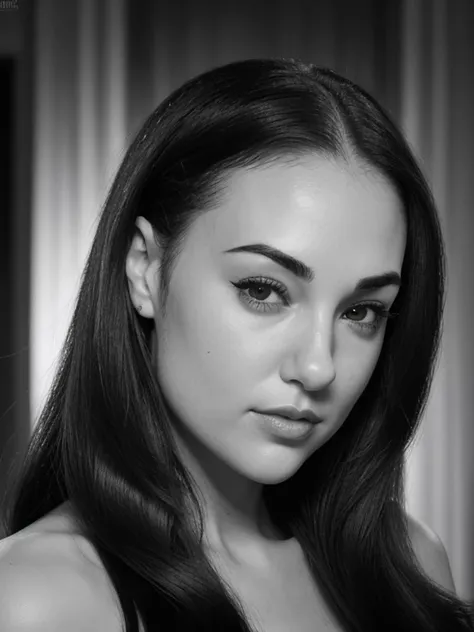 Koh_SashaGreyV2  face, monochrome, portrait, 1940's hairdo, headshot, formal hairstyle, flirty, parted lips, (looking at viewer)