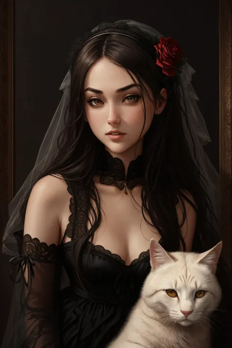 Create an [19th century portrait] [Oil painting] in [Luis Royo art style] with [detailed linework], [dynamic shading], and [rich colors]. The character have [full body], [expressive facial features] and [fluid body movements], with close attention paid to [costume design] and [background details]. The art style should capture the [dark atmosphere] of the image. Create an [ultra-realistic], [high-resolution] [painting] [portrait] of [weeping] [young woman] named (koh_sashagrey) a beautiful [Widow] she is [posing] for a [victorian painting] with her [pet cat:1.2] next to her and holding [red rose]. Her face is [delicately proportioned] and her mouth with [blood red lipctick]. Her [eyes] with [black eyeliner] and [smokey eye shadow] with long, full eyelashes that add to her feminine charm. She wears a [lace widow veil] and [long elegant black dress] (fabric with intricate pattern:1.2), that accentuates her [slim petite body], paired with [knee high boots] that provide both style and function. The image should showcase [visible skin pores] that add to the realism. Her [imperfect, uneven, and irregular skin] should be depicted with [specular reflection], [subsurface scattering], and [diffuse reflection], capturing the [fair skin tone] The image should be captured in [natural light], with [soft shadows] that highlight her. The colors should be [RAW] and [vibrant], showcasing the [tragic] elements of the character, while remaining grounded in a sense of [realism]. Aim for a [photorealistic] portrayal that captures the [essence] of her character, from her [tragic demeanor] to her [captivating beauty]. The image should have [intricate details] with visible [cat] as a part of the image, capturing every nuance of her form. The overall mood of the image should be [victorian], [ghotic] with a sense of [melancholy] and [loneliness]