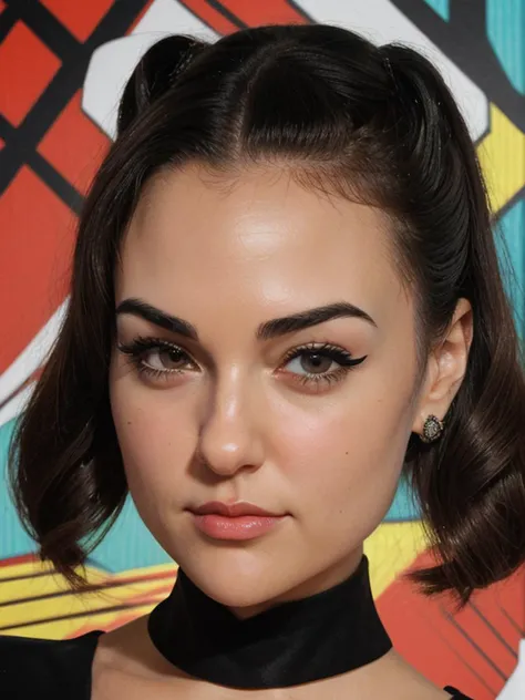 Koh_SashaGreyV2 face, trippy pop art, portrait, 1940's hairdo, headshot, formal hairstyle, flirty, parted lips, (looking at viewer)