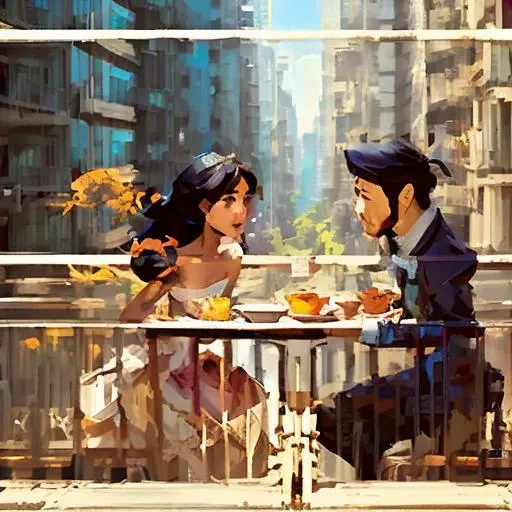 a photo of a couple having breakfast on a balcony in the city of tokyo by craig mullins 512SpeedPainter