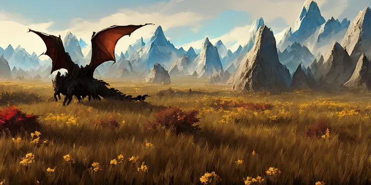 a photo of a field from skyrim with mountains way off in the distance in the background and a dragon by craig mullins 512SpeedPainter
