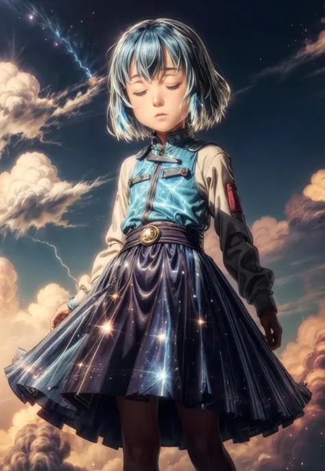 (masterpiece, top quality, best quality, official art, beautiful and aesthetic:1.4, photorealistic:1,4, ), cute:1.4, <lora:more_details:0.8>, 1girl,
<lora:HinaR4:0.8>, blue hair, blue eyes, HinaR4,
lightning ,(hologram:1.4),(swirling:1.1) , wind, strong wind, windy hair, eyes closed, transformation scene, trance magic pose,<lora:PAseerCosmicNebulae:0.7>, cosmic, star, nebulae, galaxy,