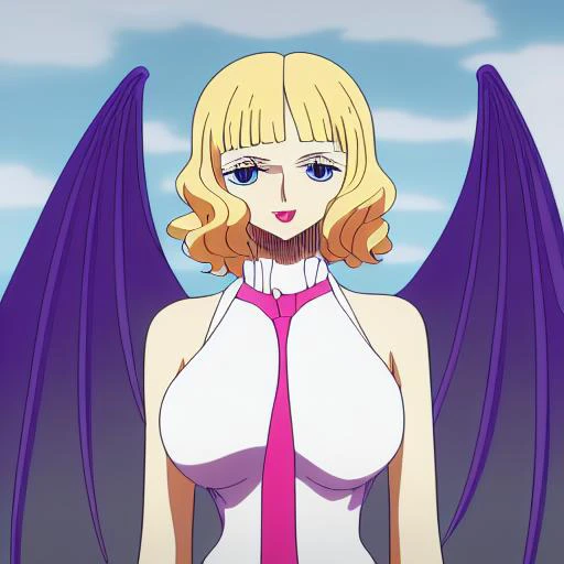 score_9, score_8_up, score_7_up,derpibooru_p_95, source_anime, very aesthetic, anime screencap, anime coloring, Stussy , Stussy \(One Piece\), vampireform,1girl, solo, smile, short hair, blue eyes, blonde hair, wings, necktie, fang, blood, fangs, bat wings, vampire