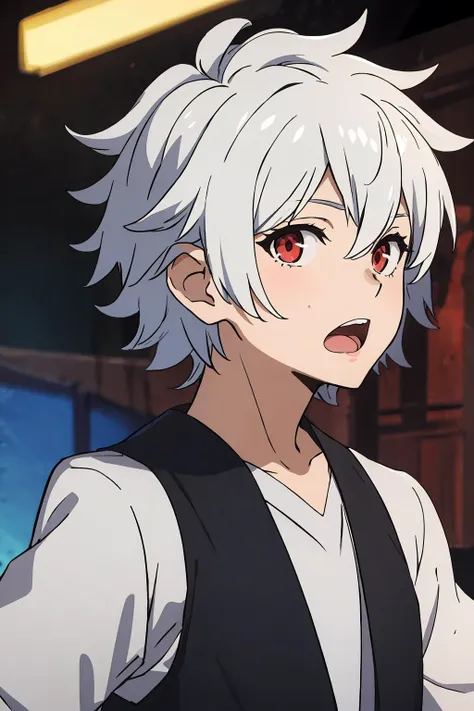 bell cranell, 1boy, solo, looking at viewer, short hair, open mouth, red eyes, upper body, white hair, male focus <lora:bell-cranel-000005:0.4> <lora:animixAnimeScreenshotLikeStyleMixLora_v10:0.3>