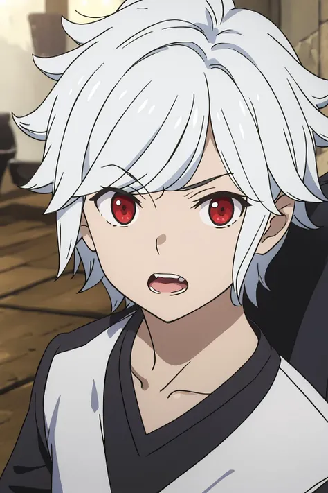 bell cranell, 1boy, solo, looking at viewer, short hair, open mouth, red eyes, upper body, white hair, male focus <lora:bell-cranel-000005:0.8>