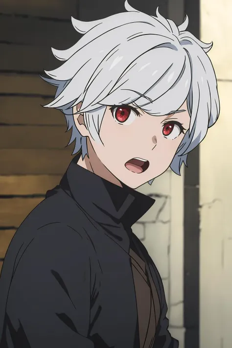 bell cranell, 1boy, solo, looking at viewer, short hair, open mouth, red eyes, upper body, white hair, male focus <lora:bell-cranel-000005:0.8>