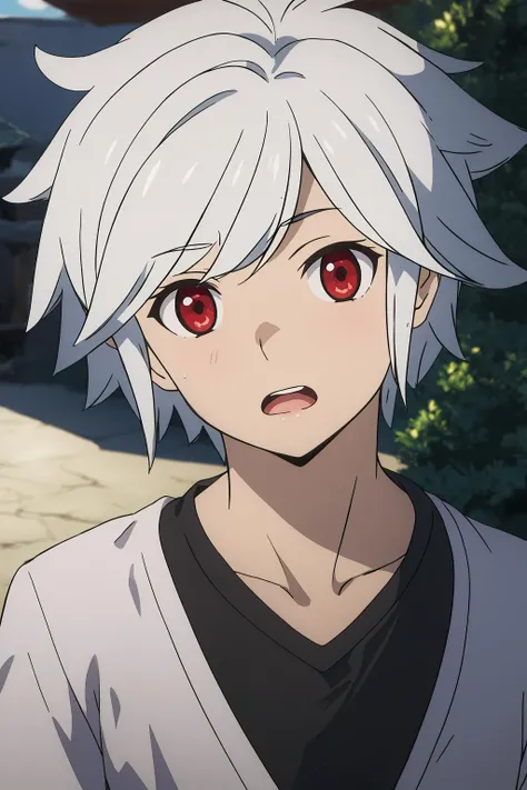 bell cranell, 1boy, solo, looking at viewer, short hair, open mouth, red eyes, upper body, white hair, male focus <lora:bell-cranel-000005:0.8>