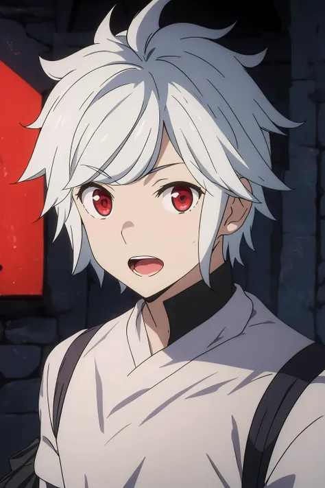 bell cranell, 1boy, solo, looking at viewer, short hair, open mouth, red eyes, upper body, white hair, male focus <lora:bell-cranel-000005:0.8>